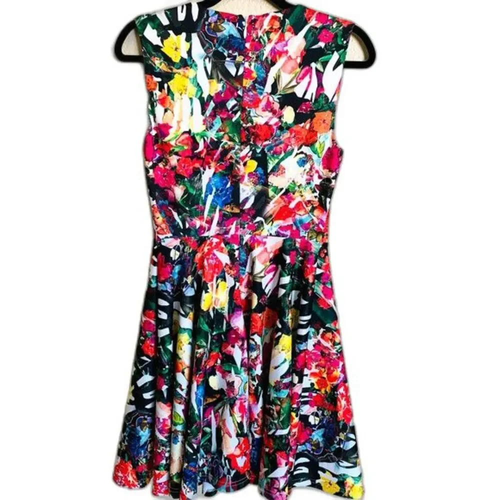 bebe red blue dress floral sleeveless fit and flare dress barbie core size S